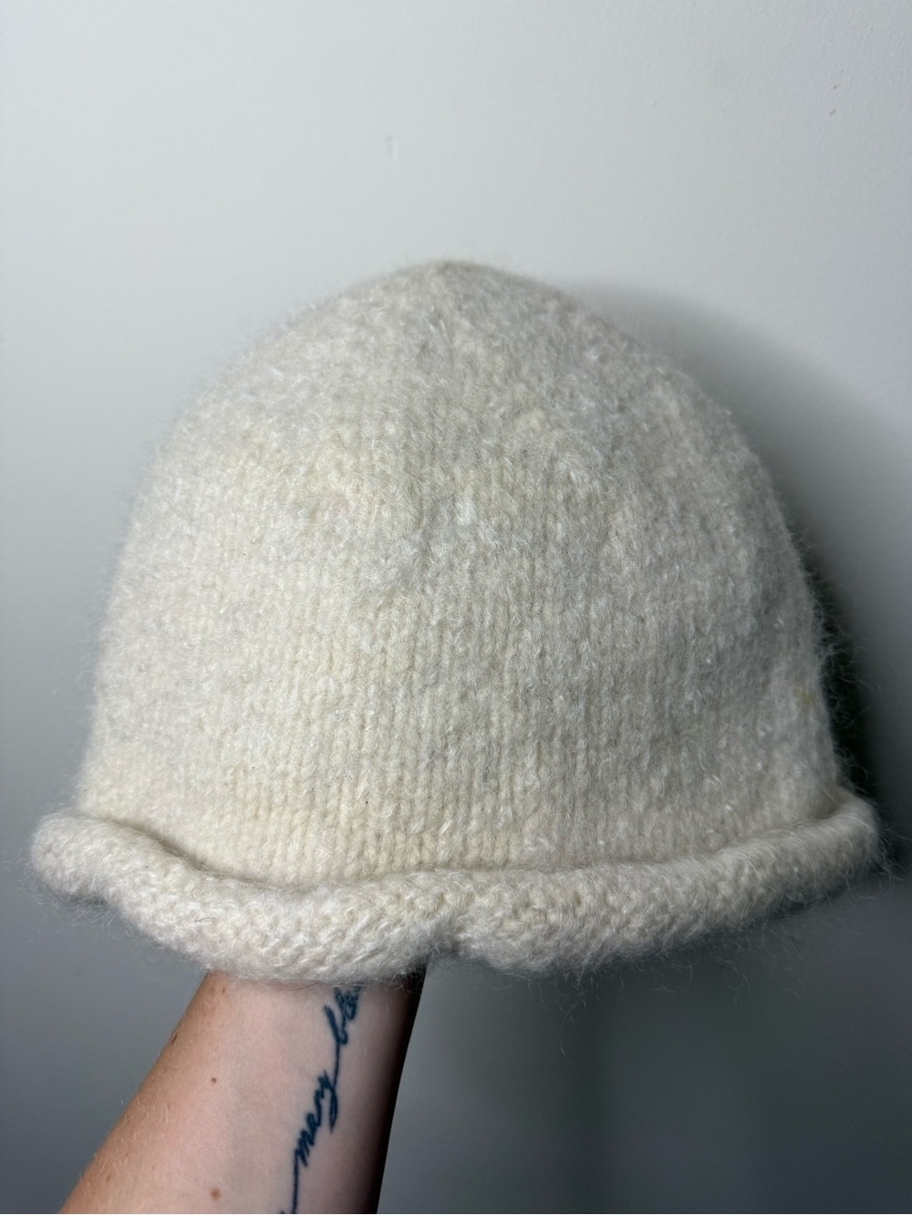 PINETREE STUDIO 100% Wool Handmade Knit Thick Felted Cream White Winter Hat